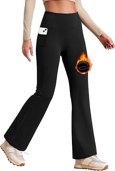 WILLIT Thermo-gevoerde broek voor dames, yogabroek, bootcut, fleece, leggings, winter, warme broek, flare leggings, slagbroek, crossover waterdicht, hoge taille, met zakken, S